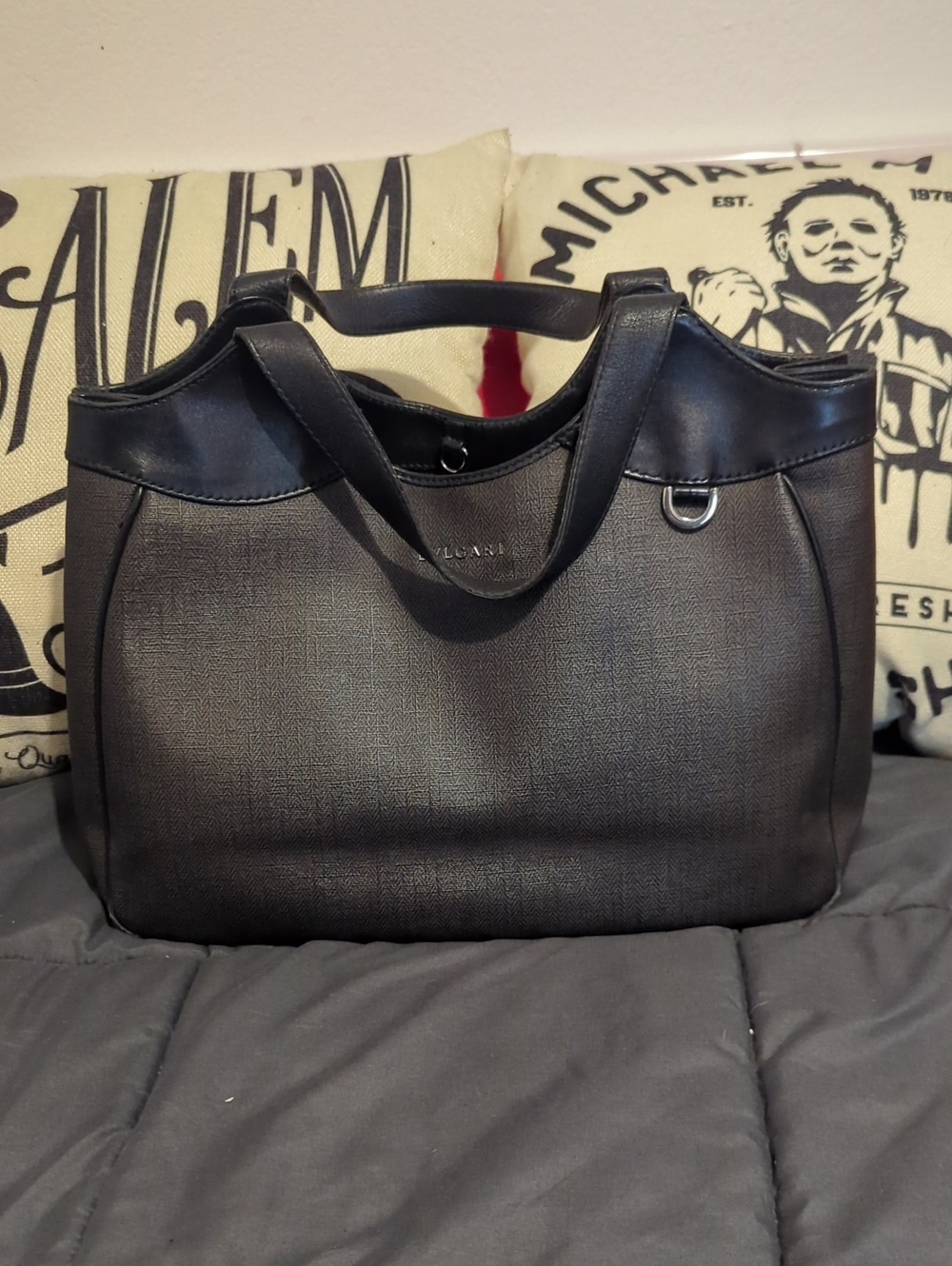 Authentic BVLGARI Harringbone Black Leather Hand Bag - Made In Italy